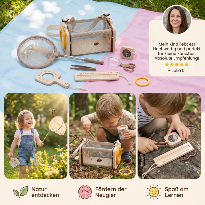Lernspielzeug Natur Entdecker Set aus Holz mit Lupe, Kescher und Kompass. Fördert Umweltbewusstsein.