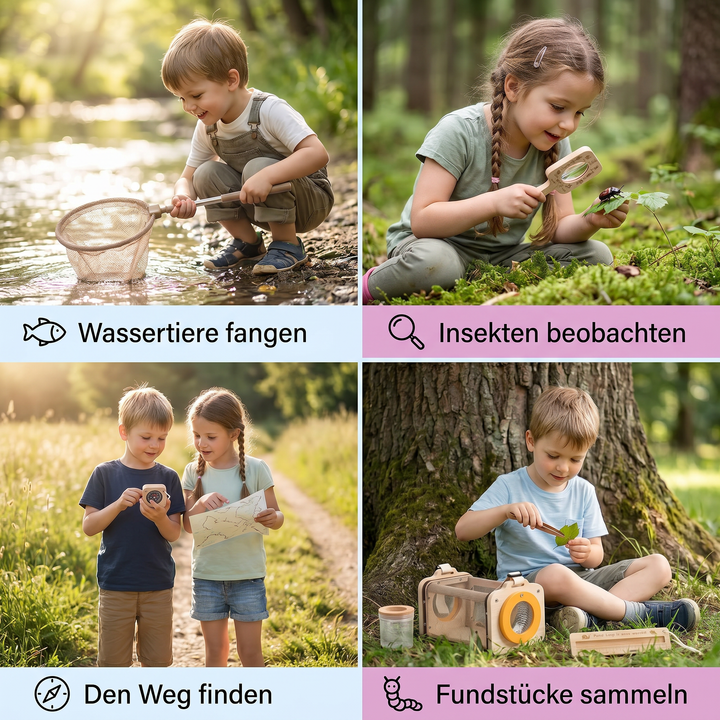 Outdoor Spiel Natur Set mit Kescher, Lupe und Kompass. Ideal für Entdeckungstouren im Garten & Wald.