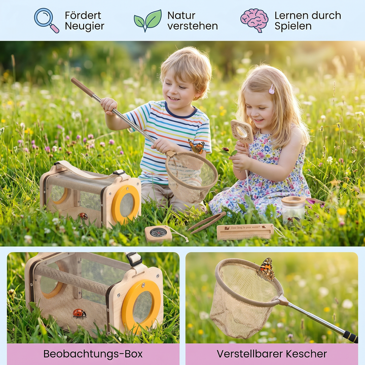 Kind, das mit dem Natur Entdecker Set (Lupe, Kescher, Kompass) im Grünen spielt & forscht.