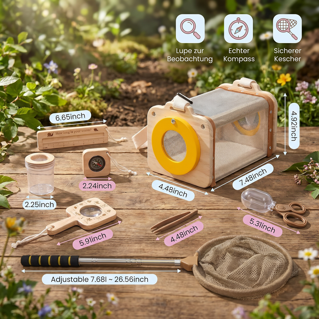 Umweltfreundliches Kinder Natur Entdecker Set: Lupe, Kescher, Kompass aus Holz für kleine Abenteurer.
