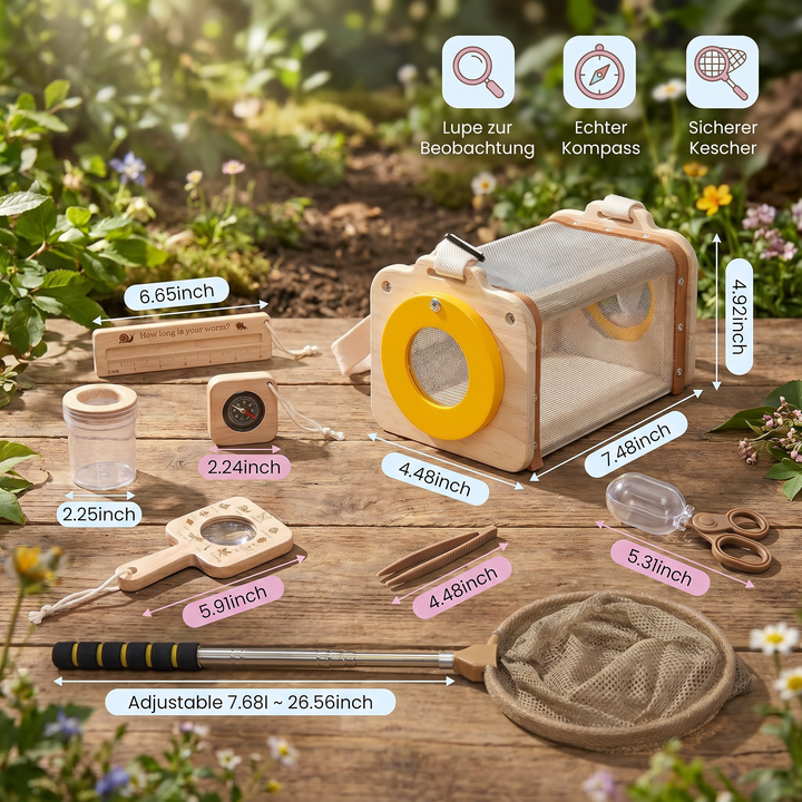 Umweltfreundliches Kinder Natur Entdecker Set: Lupe, Kescher, Kompass aus Holz für kleine Abenteurer.