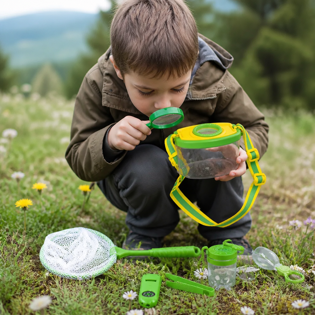 Kinder Outdoor Insekten Beobachtungsset: Lupe, Pinzette, Behälter, Netz für junge Naturforscher.