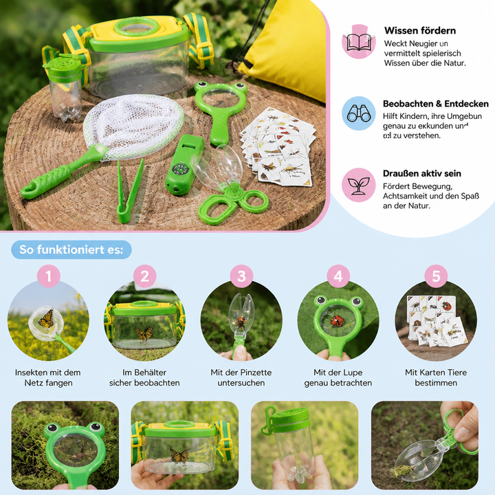 Lernspielzeug Entdeckerset für Kinder: Lupe, Insektenbehälter zum sicheren Beobachten von Natur.