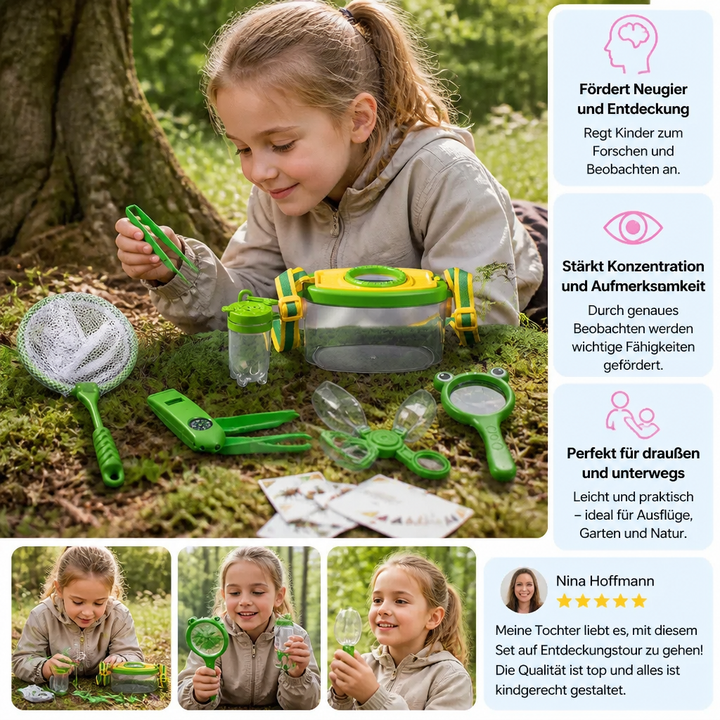 Abenteuer: Kind erkundet Natur mit Outdoor Beobachtungsset, fängt und studiert Insekten im Freien.