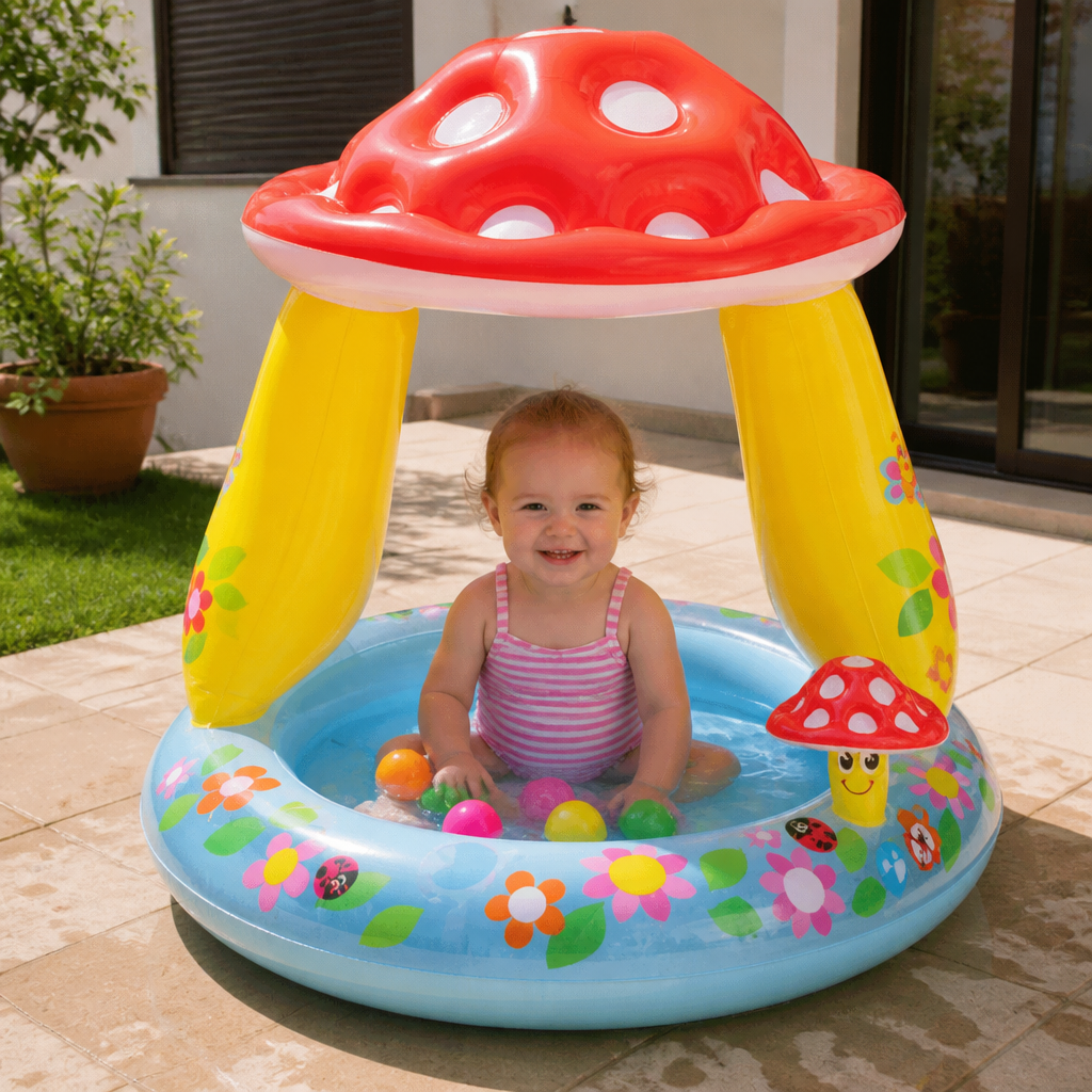 Kinder-Planschbecken mit Pilz-Sonnendach für UV-Schutz, ideal als Baby-Spielpool & Gartenspielzeug.