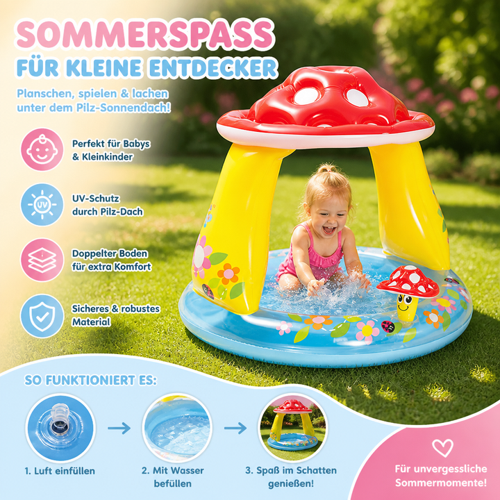 Buntes Kinder-Planschbecken als vielseitiges Babyspielzeug; perfekt als Spielpool oder Bällebad mit Sonnendach.