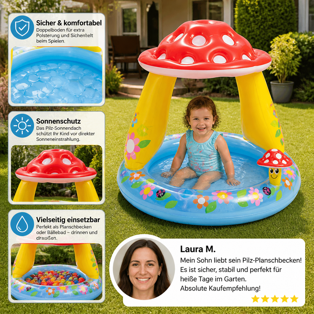 Fröhliches Sommerspielzeug: Kinder-Planschbecken mit integriertem Pilz-Sonnendach schützt Babys vor Sonne.