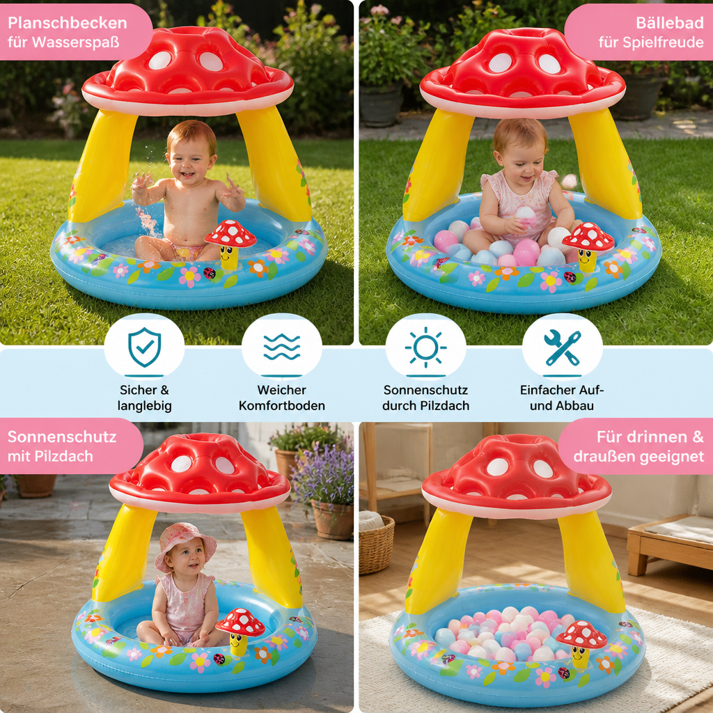 Blaues Baby-Planschbecken mit rotem Pilzdach. Ideal für sicheren Wasserspaß und UV-Schutz für Kleinkinder.