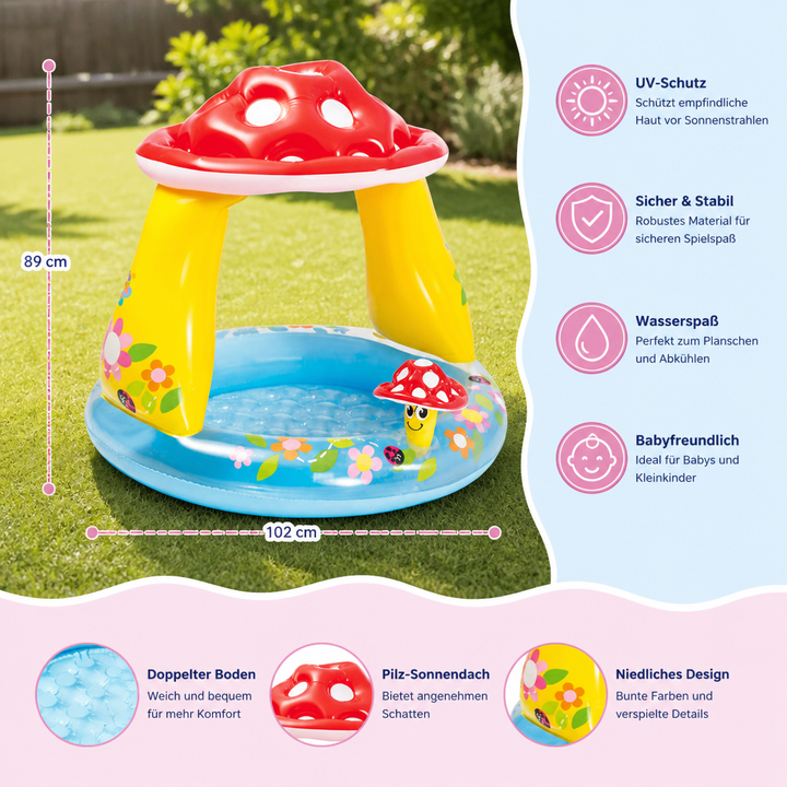 Babysicherer Spielpool mit integriertem Pilz-Sonnendach, weichem Boden und UV-Schutz für Kleinkinder.