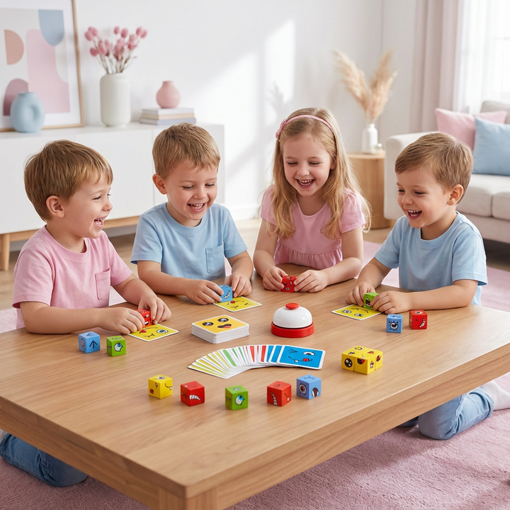 Kinder Puzzle Würfel Spiel mit Gesichtsemotionen fördert spielerisch Kreativität und emotionales Verständnis.