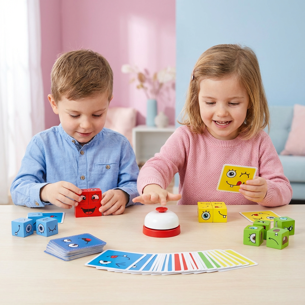 Pädagogisches Würfelspiel für Kinder zur Entdeckung von Emotionen, Gesichtern und Ausdrucksformen.
