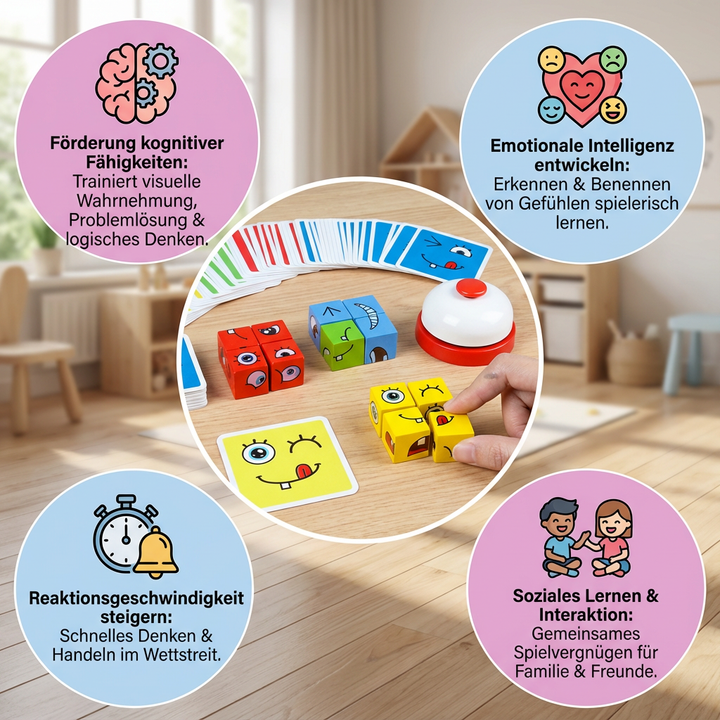 Farbenfrohes Gesicht Puzzle Würfel Spiel für Kinder trainiert Gedächtnis und Kreativität spielerisch.