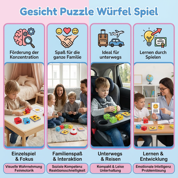 Kind beim Zusammensetzen des Gesicht Puzzle Würfelspiels, lernt Emotionen und fördert Konzentration.