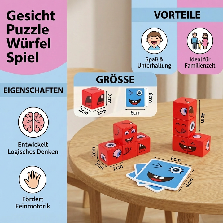 Frühkindliches Lernspiel für Emotionen: Bunte Gesicht Puzzle Würfel als pädagogisches Spielzeug für Kinder.