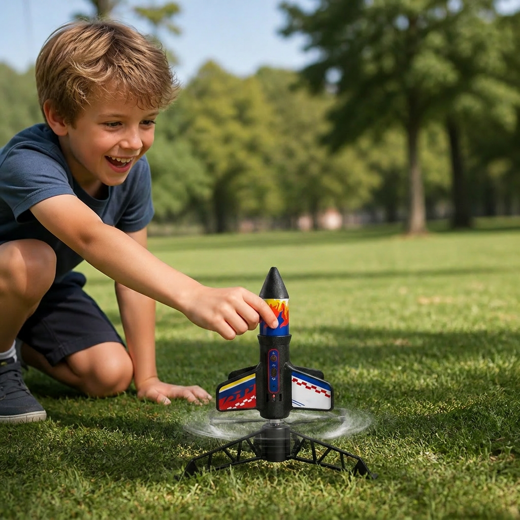 Kinder Raketen-Launcher mit Fallschirmrakete, die hoch in den Himmel schießt; perfektes Outdoor-Spielzeug für Abenteuer.