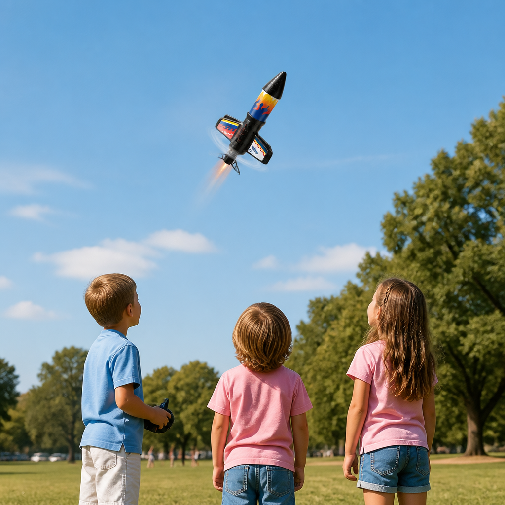 Detaillierte Ansicht des motorisierten Raketen-Launchers und der Fallschirmrakete, bereit für den Outdoor-Spaß der Kinder.