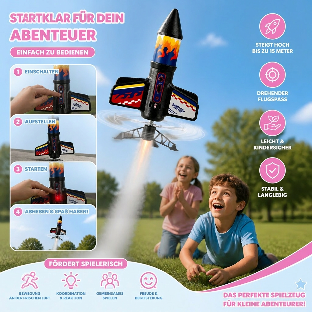 Ein lachendes Kind startet begeistert den motorisierten Raketen-Launcher mit Fallschirm; fördert Koordination und Outdoor-Spiel.