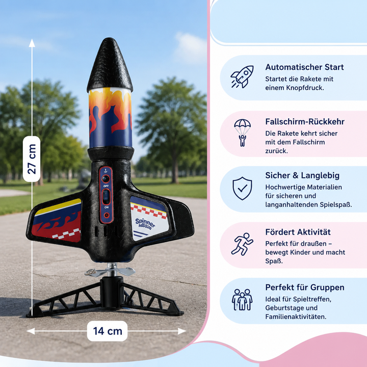 Komplettes Set des motorisierten Raketen-Launchers mit Fallschirm; hochwertiges Outdoor-Spielzeug für aktive Kinder.