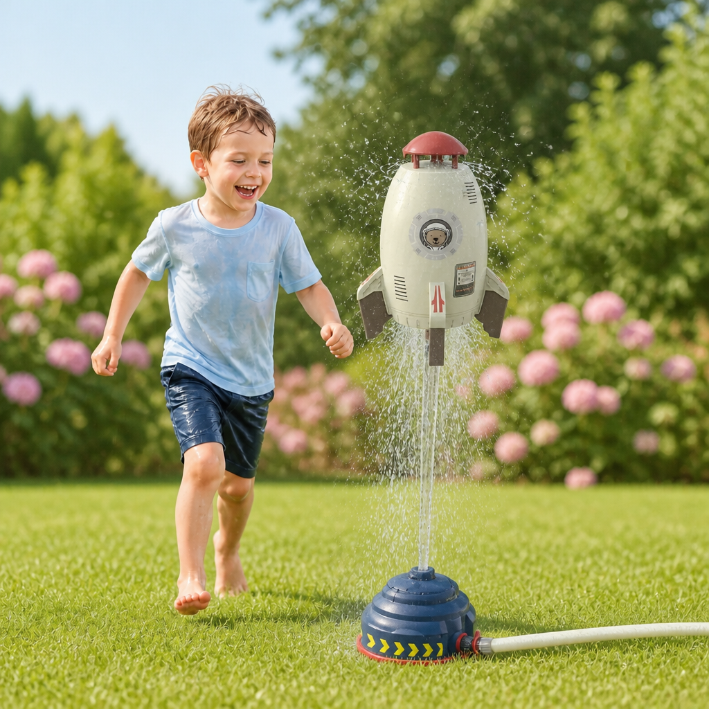 Kinder Raketen Wassersprinkler für Spiel & Abkühlung im Garten. Perfektes Sommer-Außenspielzeug für Kids.