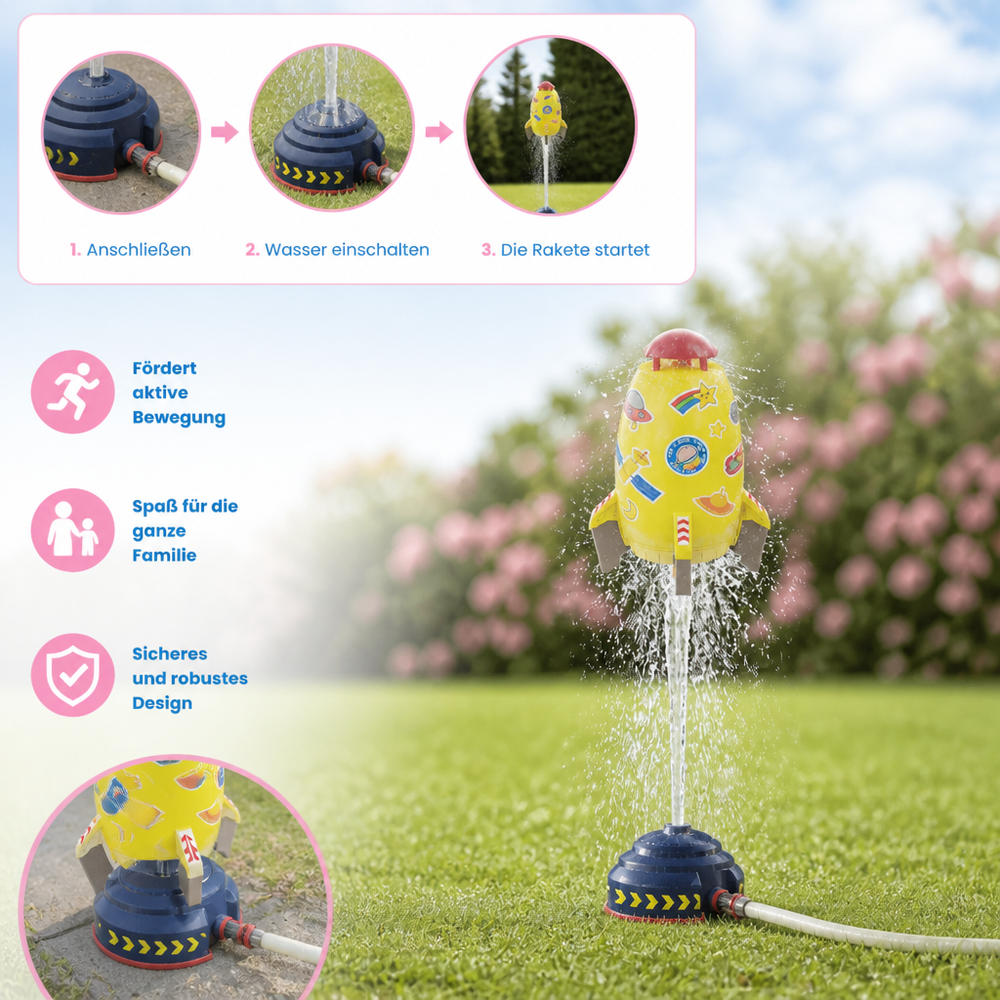 Coole Raketen-Wassersprinkler-Action: Kinder spielen glücklich mit Wasserstrahlen im Sommergarten.