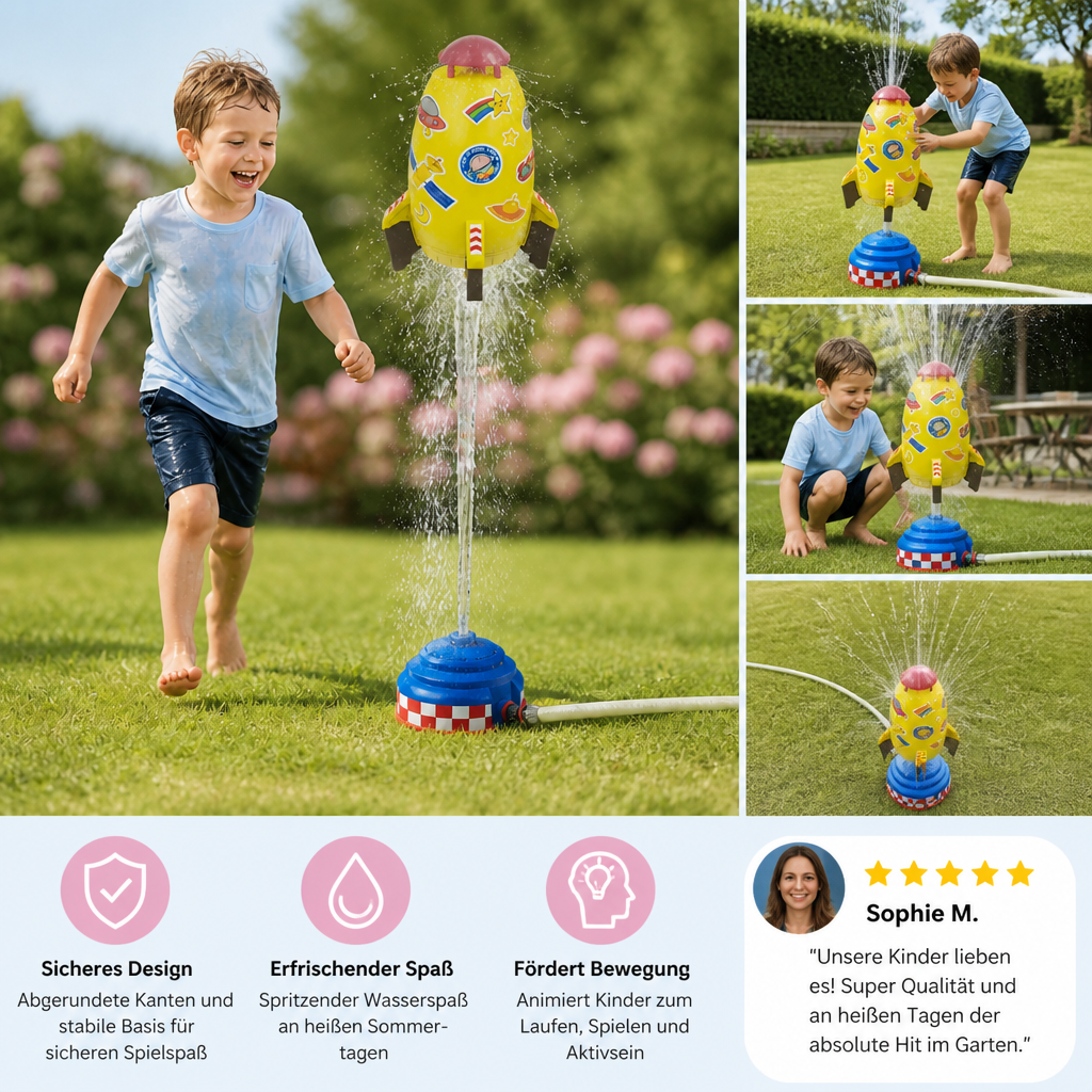 Fröhliche Kinder haben Riesenspaß mit dem Wassersprinkler-Spielzeug im Garten. Ideal für Sommerabkühlung.