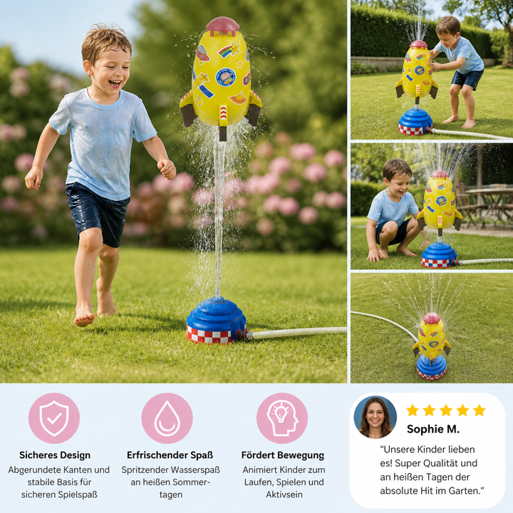 Fröhliche Kinder haben Riesenspaß mit dem Wassersprinkler-Spielzeug im Garten. Ideal für Sommerabkühlung.