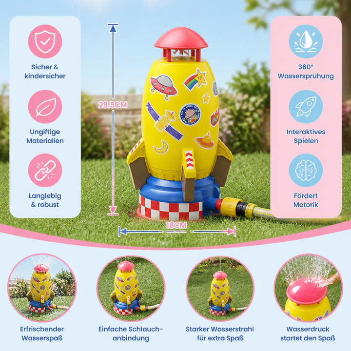 Abkühlung pur: Kinder toben & lachen mit dem Raketen Wassersprinkler an heißen Sommertagen im Garten.