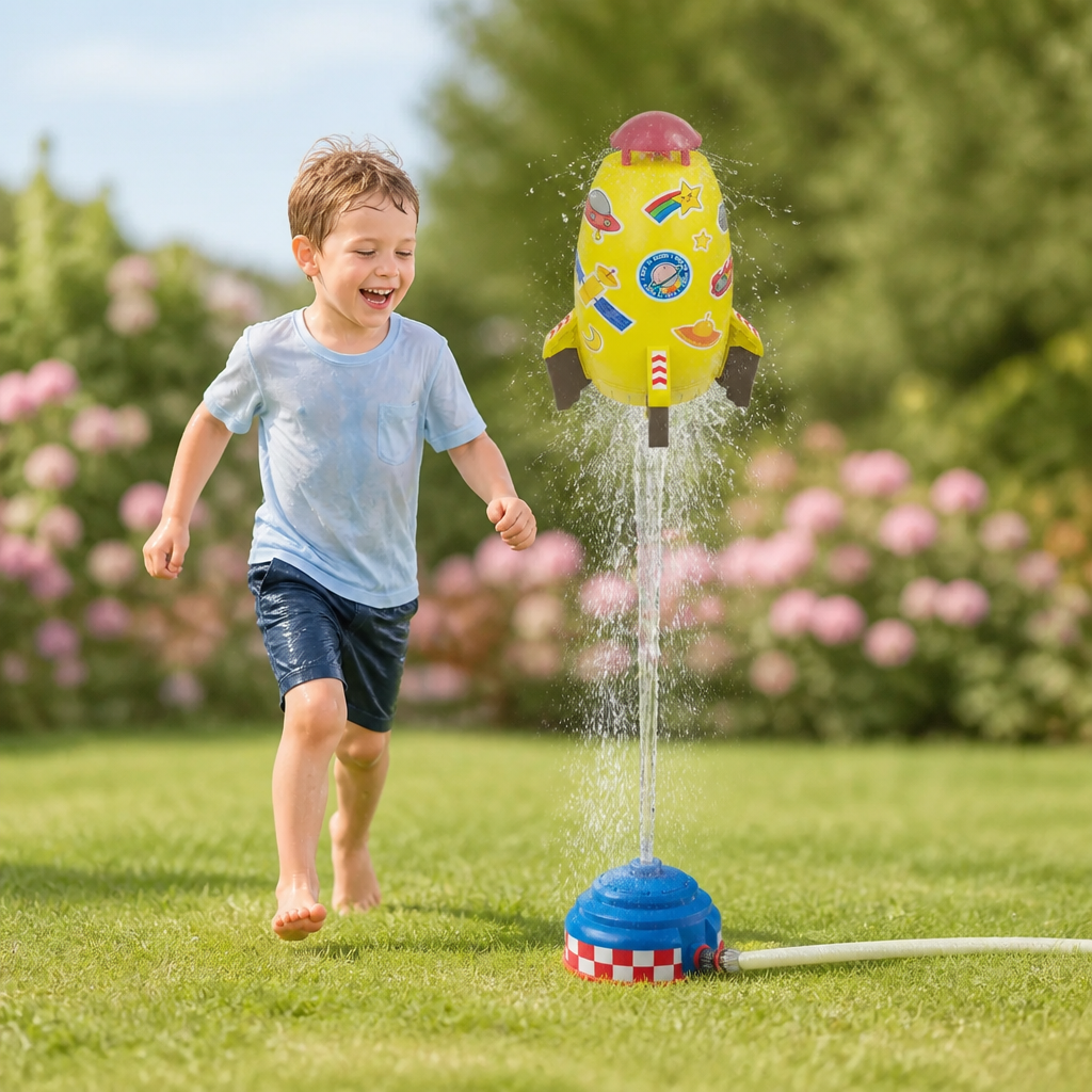 Bunter Kinder Raketen Wassersprinkler belebt den Garten. Ideales Sommer-Spielzeug für Abkühlung & Freude.
