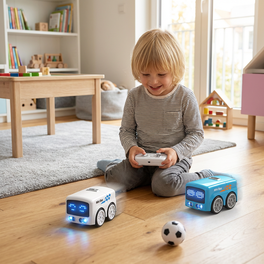 Kinder RC Mini Bus mit Gestensteuerung und hellen LED Lichtern; ein ferngesteuertes Spielzeugauto für interaktiven Spaß.