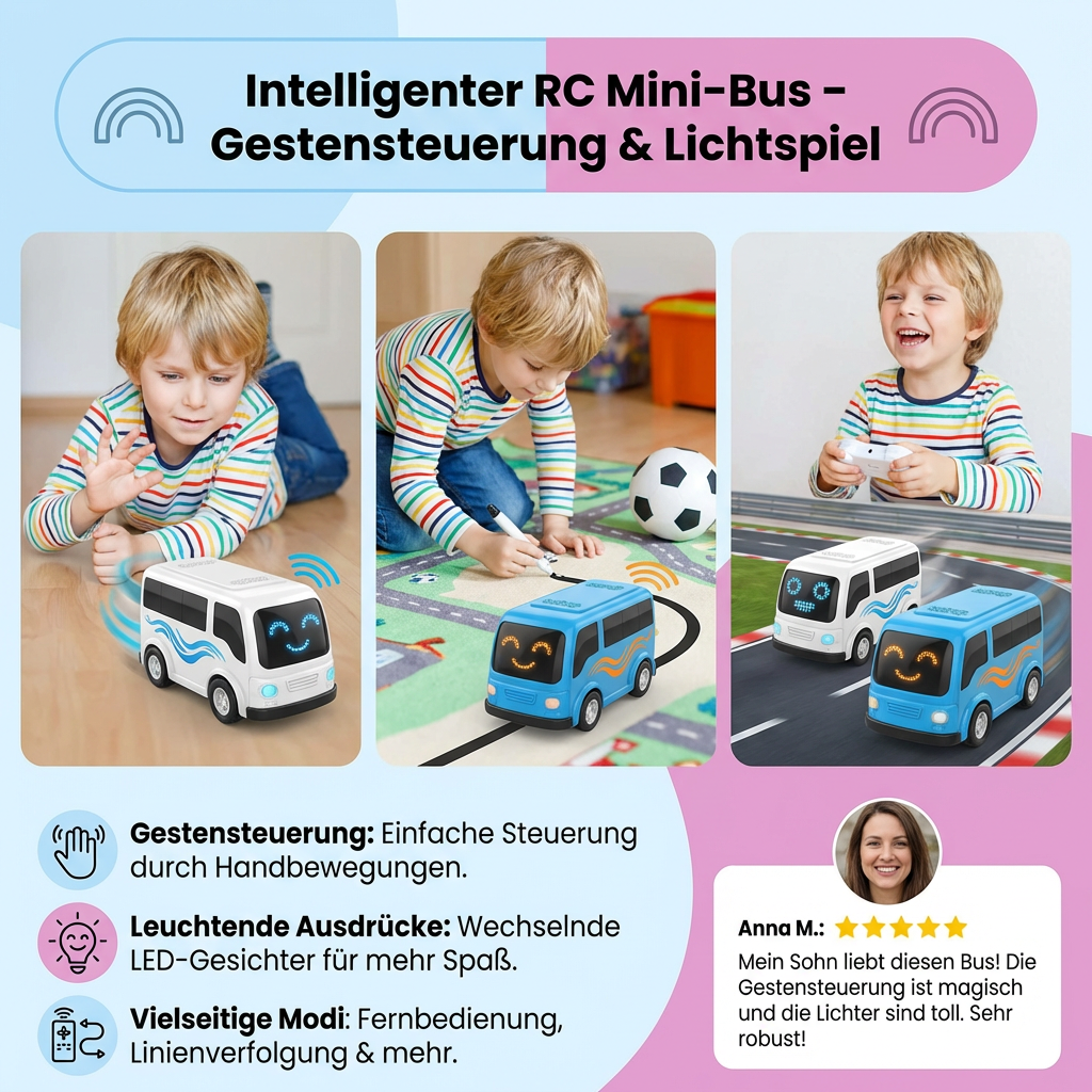 Leuchtender RC Mini Bus mit farbigen LED Lichtern; cooles Spielzeugauto für Jungen & Mädchen, gesteuert per Handgeste.
