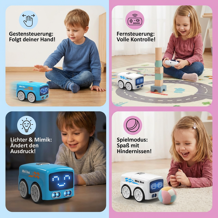 Lernspielzeug RC Mini Bus für Kinder: Gestensteuerung trainiert Motorik & Koordination, mit bunten LED-Effekten.