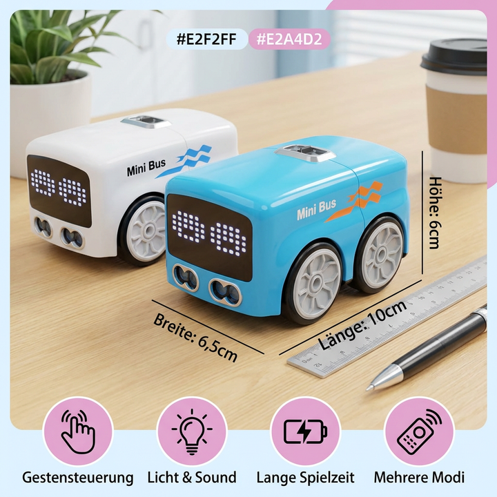 Der RC Mini Bus in voller Fahrt, gesteuert per Gestensteuerung; ein spannendes & leuchtendes Spielzeugauto für Kinder.