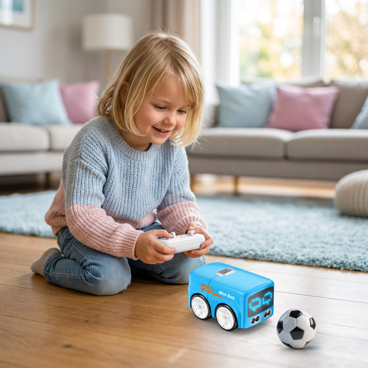 Detailaufnahme des RC Mini Busses: Blaues Kinderspielzeugauto mit modernen LED Lichtern und Gestensteuerungs-Sensor.