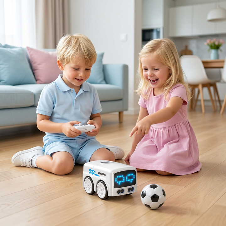 Kind spielt begeistert mit dem ferngesteuerten RC Mini Bus; intuitive Gestensteuerung & auffällige LED Lichter.