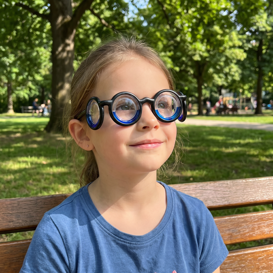Kinder-Reisekrankheits-Brille, ultraleicht, medikamentenfrei gegen Übelkeit bei Autofahrt & Flugreisen.