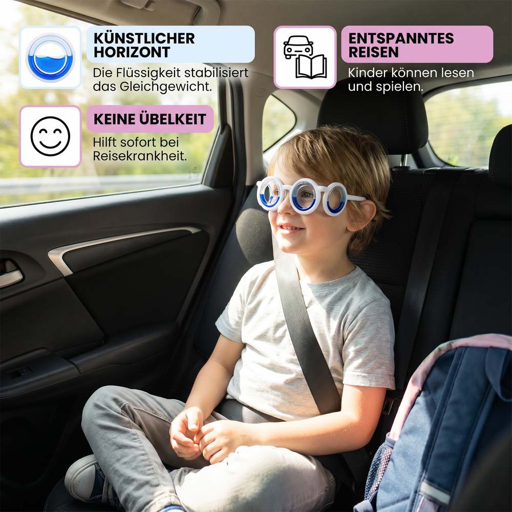 Kind trägt Reisekrankheits-Brille im Auto, beugt Übelkeit & Reisekrankheit vor, für entspannte Autofahrten.
