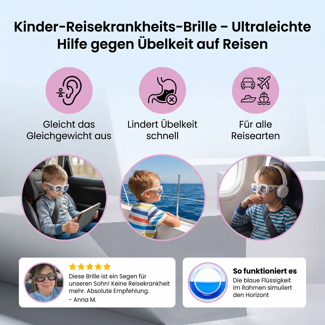 Medikamentenfreie Kinderbrille gegen Reiseübelkeit. Ultraleicht, komfortabel, fördert Balance beim Fliegen/Boot.