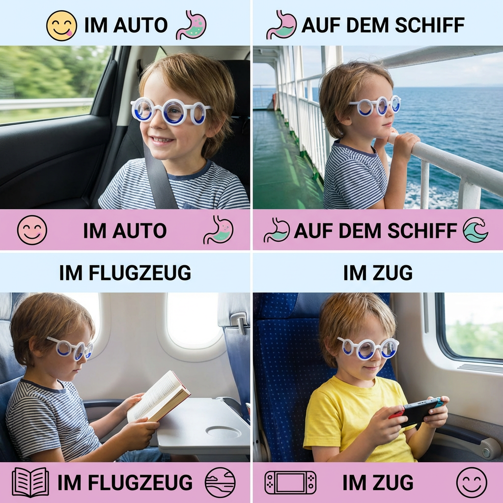 Glückliches Kind mit Anti-Reisekrankheits-Brille, genießt die Autofahrt ohne Übelkeit; ideale Reisehilfe.