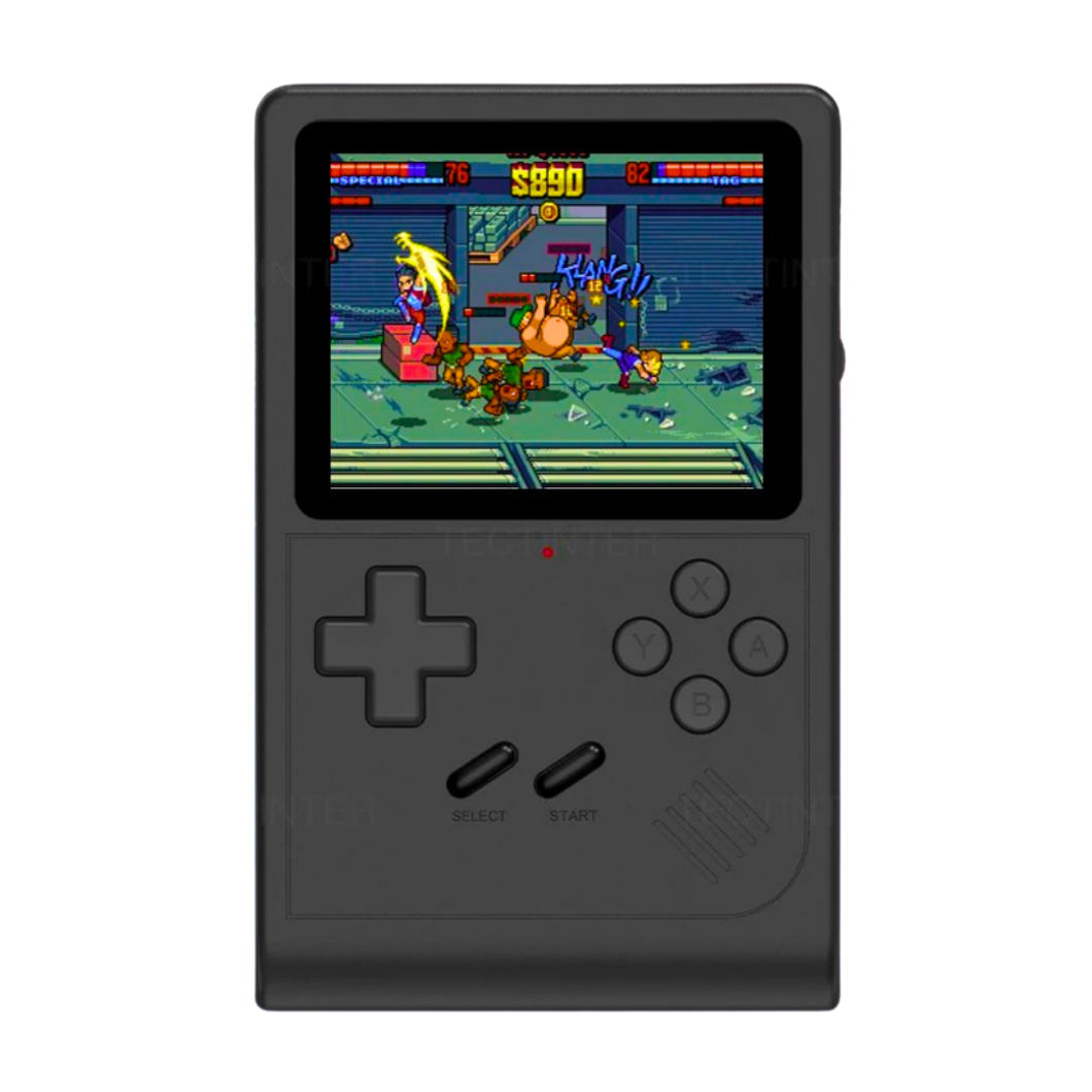 Kinder Retro Handheld Spielkonsole für unterwegs, mit klassischen Arcade-Spielen.