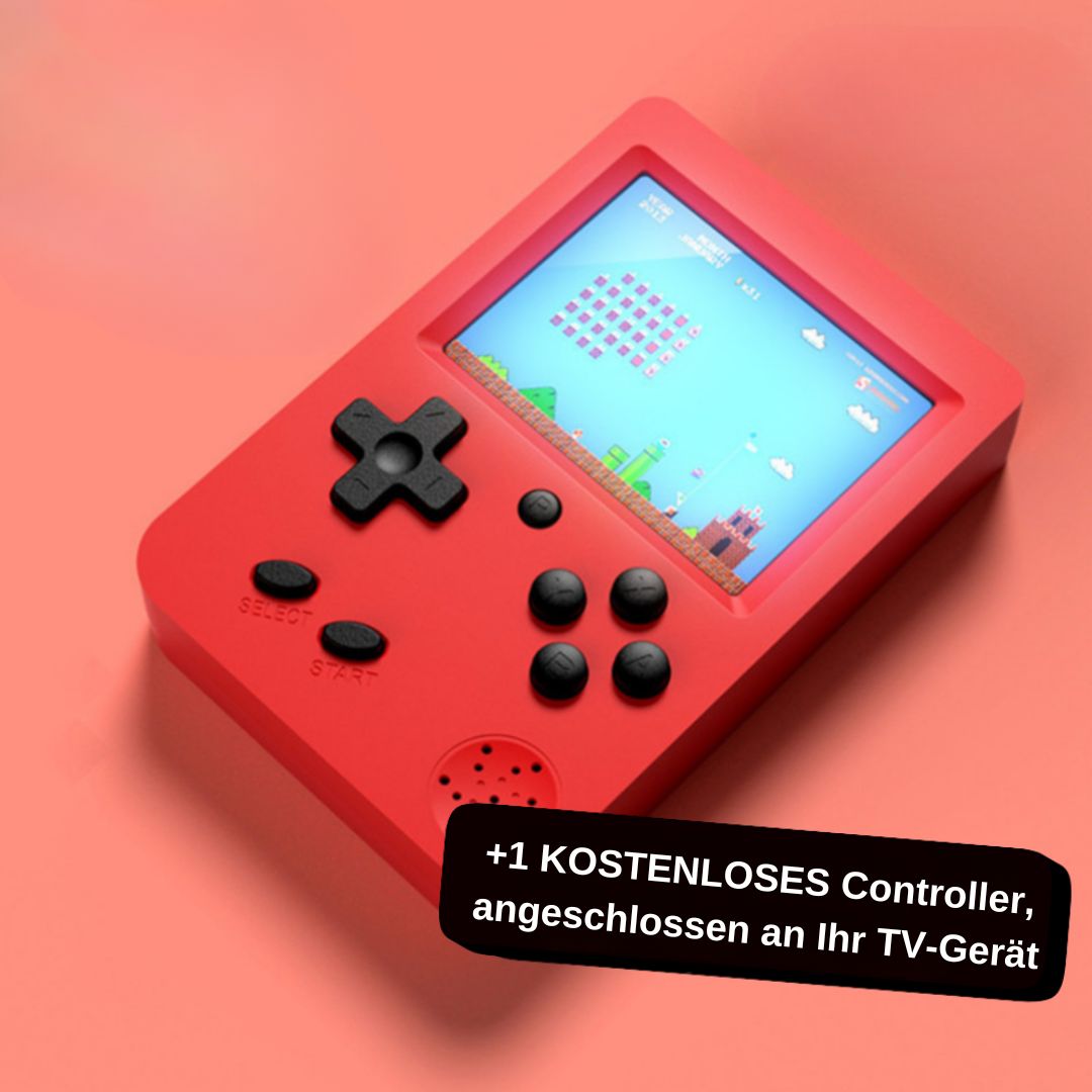 Kinder-Spielkonsole im Retro-Design, für stundenlangen Gaming-Spaß unterwegs.