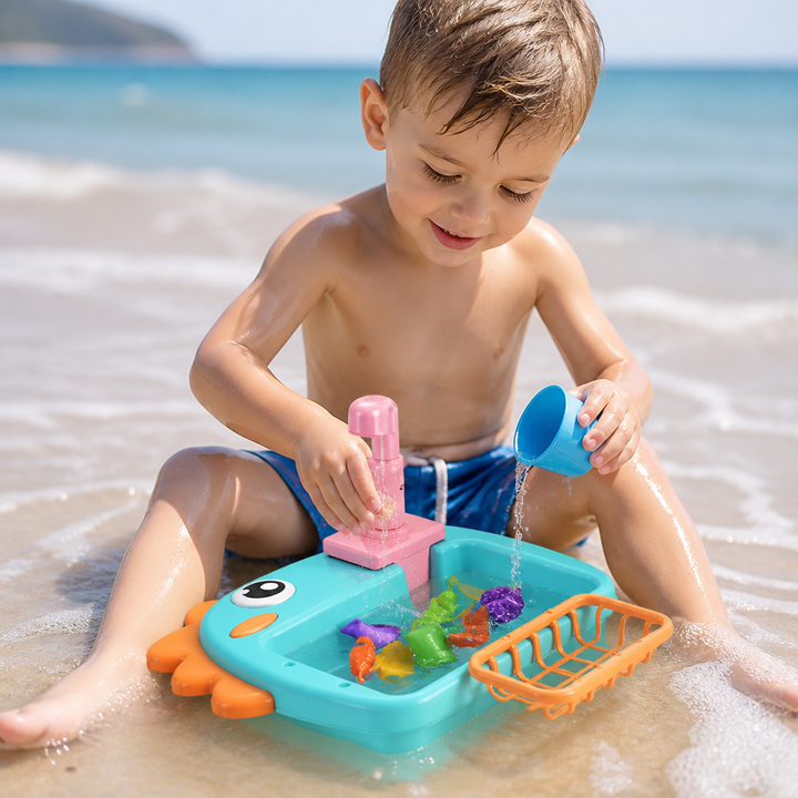 Kinder Rollenspiel Spülbecken mit funktionierendem Wasserhahn & niedlichem Dino Design; fördert Fantasie & Hygiene.