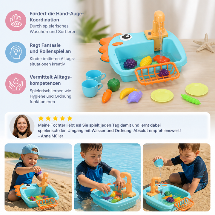 Dino Kinderküchen Waschbecken Spielset mit realistischem Spielzeug Wasserhahn für kreatives Rollenspiel.
