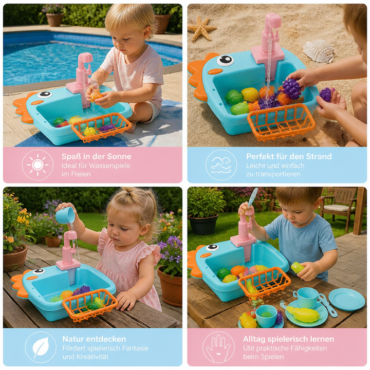 Lustiges Dino Spülbecken Lernspielzeug mit Wasserhahn; ideales Geschenk für Vorschulkinder & spielend lernen.