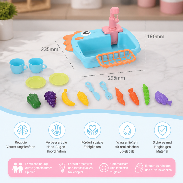 Kinder Spülbecken Spielzeug mit Wasserfunktion & Dino Motiv; lehrt Hygiene & regt Fantasie an.
