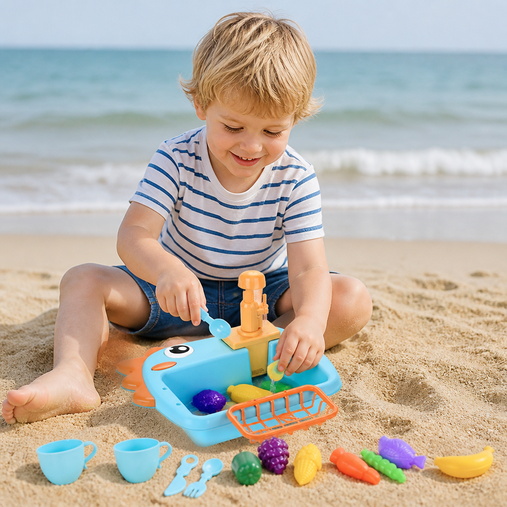 Interaktives Kinder Rollenspiel Spülbecken mit Dino Design; ideal zum spielerischen Erlernen von Alltagsaufgaben.