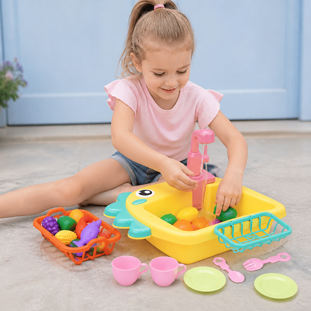 Vorschul Lernspielzeug: Dino Spülbecken trainiert Hygiene & Verantwortungsgefühl durch Rollenspiele.