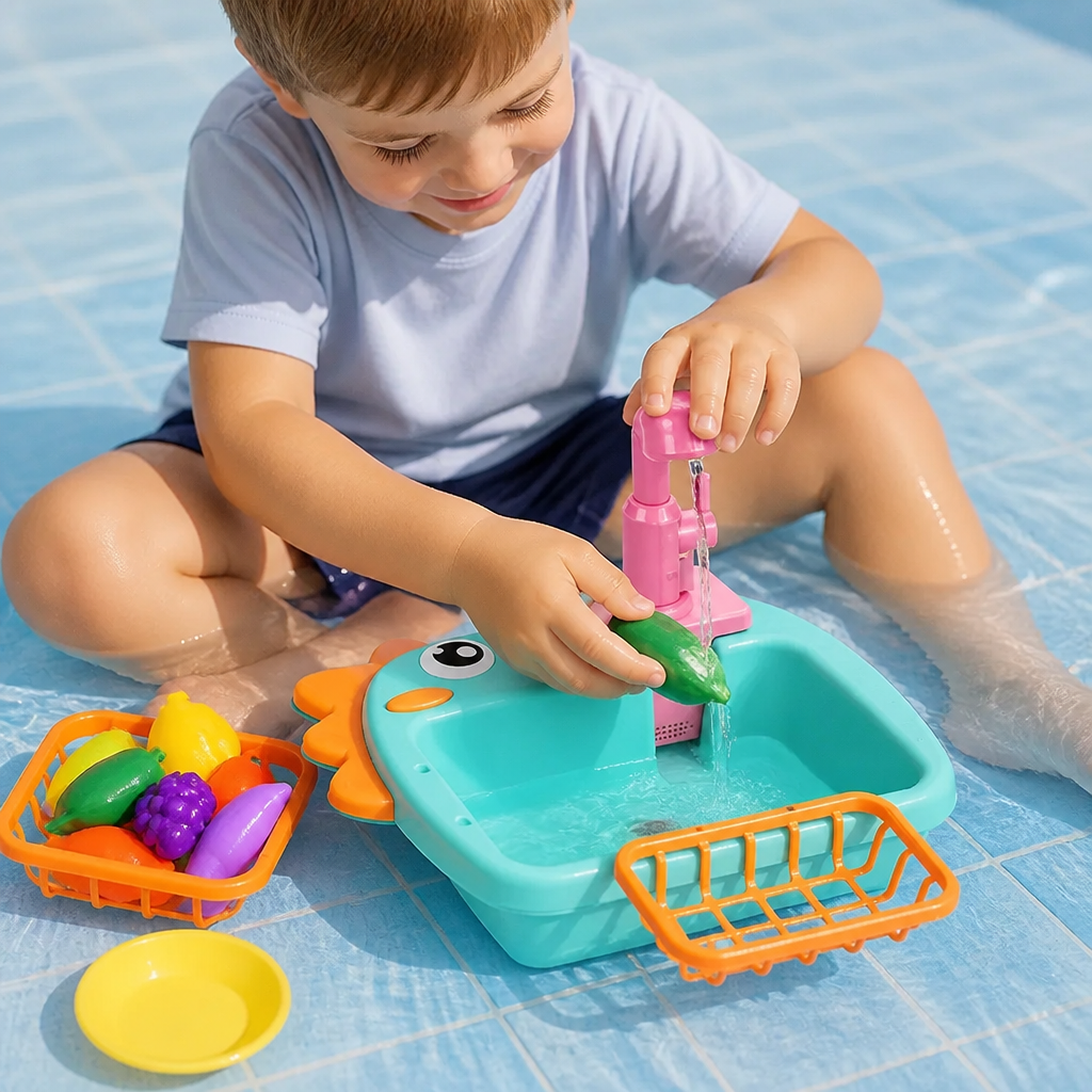 Buntes Dino Waschbecken Spielset mit fließendem Wasser; fördert Feinmotorik & sensorisches Spiel bei Kindern.