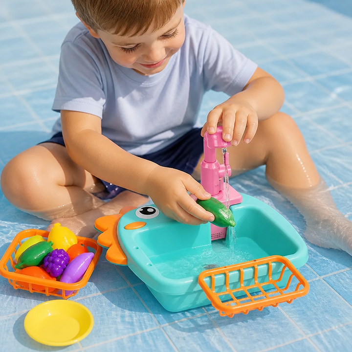 Buntes Dino Waschbecken Spielset mit fließendem Wasser; fördert Feinmotorik & sensorisches Spiel bei Kindern.