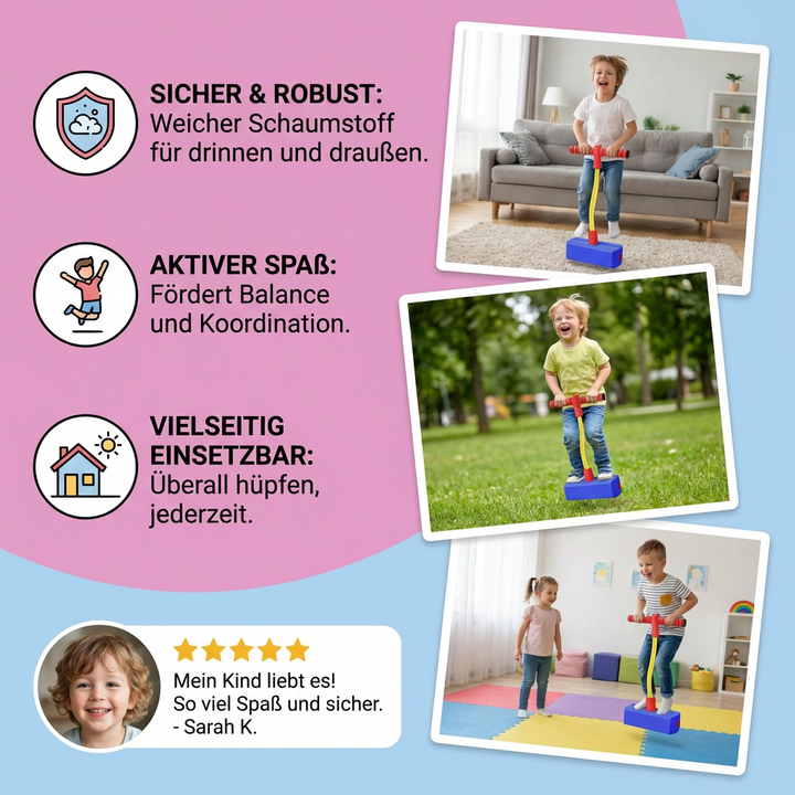 Kind springt fröhlich auf grünem Schaumstoff Pogo-Hüpfer, maximaler Hüpfspaß für aktives Spiel.