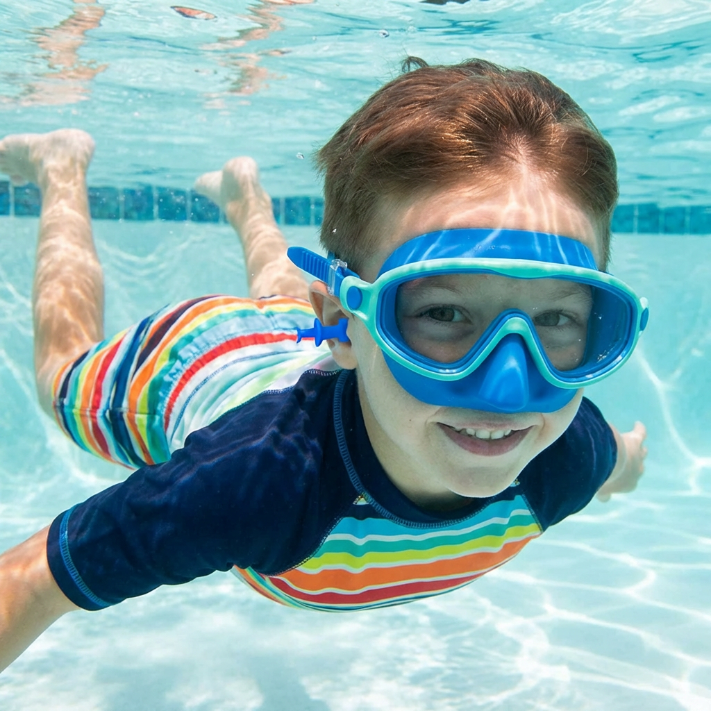 Kinder Schwimmbrille aus weichem Silikon, individuell verstellbar für sicheren Halt beim Schwimmen.